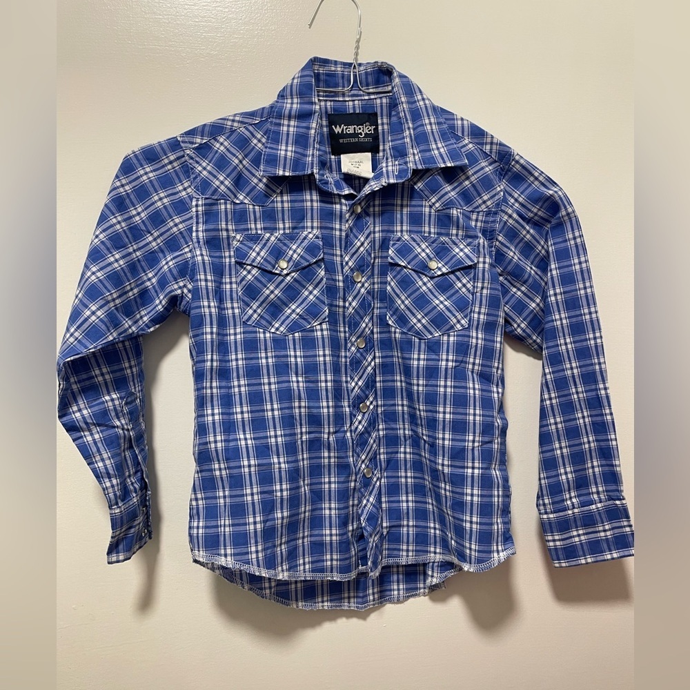Wrangler Kids Blue pearl snap button down Plaid Shirt